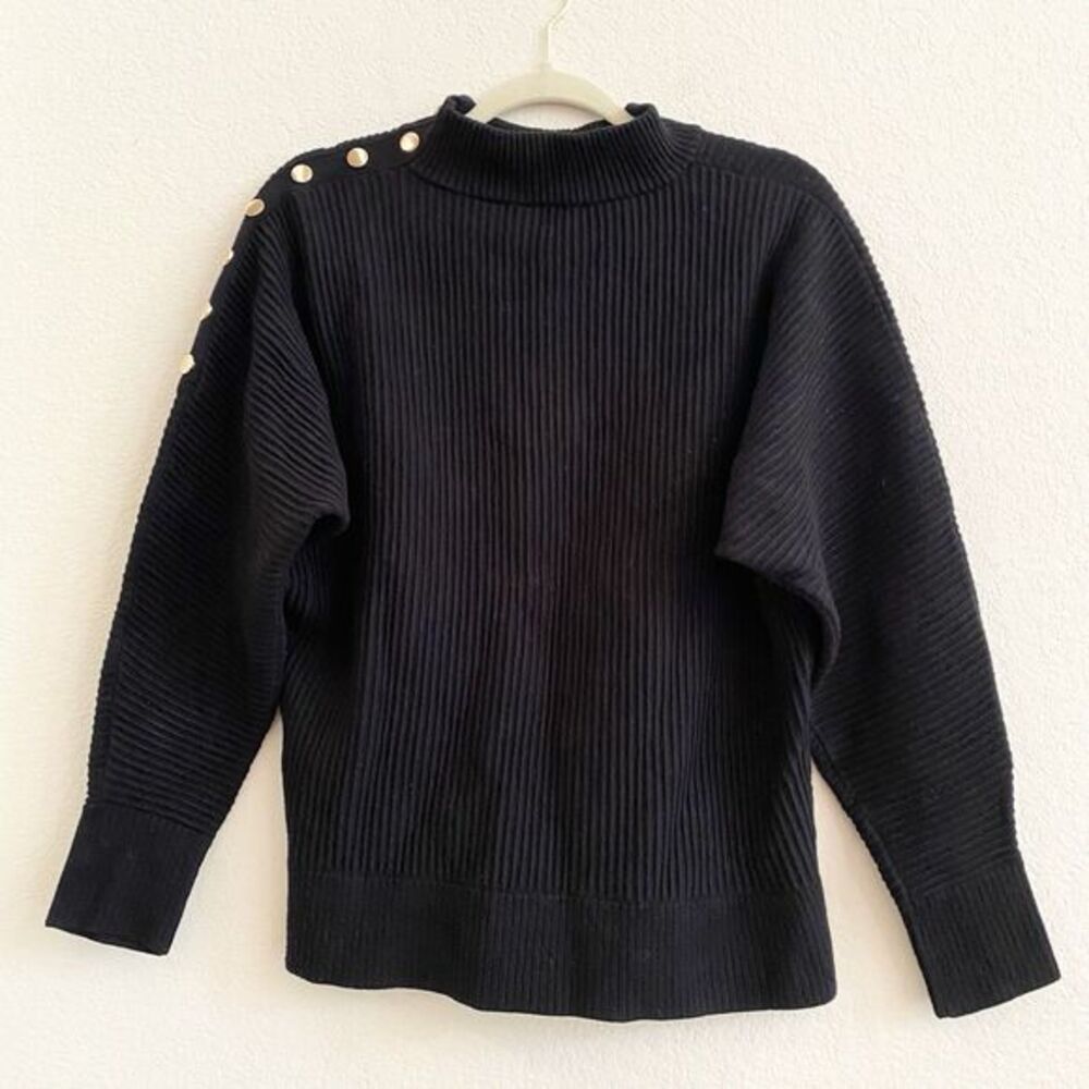 TAHARI Women’s Sweater Black Ribbed Turtleneck Gold‎ Buttons Small P